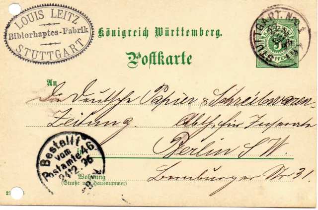 Ganzsache Königreich Württemberg 1896- Postkarte Stuttgart nach Berlin