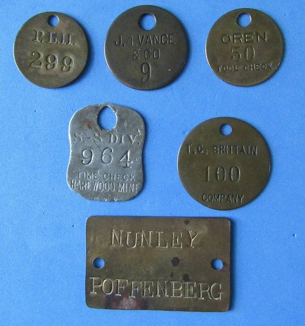 (6) Vintage Coal Mining Tool Check Brass Tag I.d Badge Lot Oren Harewood Vance