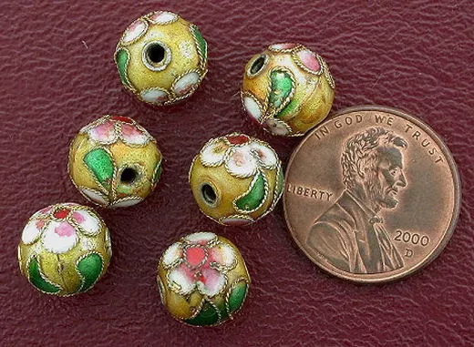 Six 10Mm Floral Gold-Color  Yellow  Cloisonne Bead