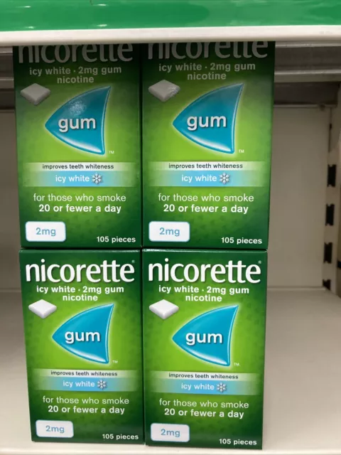 4X Nicorette Icy Blanco 2mg Masticar Blanqueamiento Goma 105 Piezas. Caduca