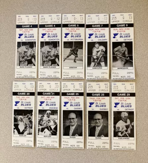 1993-1994 NHL Hockey St. Louis Blues 18 Ticket Stubs for 15 Separate Games