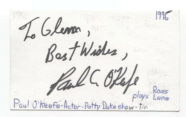 Paul O'Keefe Signed 3x5 Index Card Autographed Signature Actor Patty Duke Show