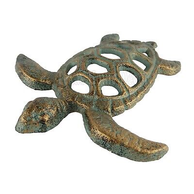 Sea Turtle Figurine Cast Iron Nautical Garden Pond Decor Green Gold Paper Weight
