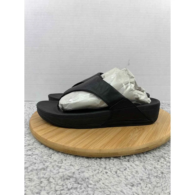 Fitflop Lulu Wedge Sandals Womens 10 Black Leather T-Strap Casual Lifestyle