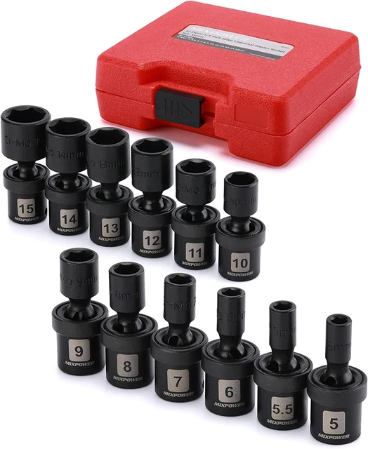 Juego de enchufes de impacto universales de accionamiento de 1/4" de 12 piezas, CR-MO, métrica, toma giratoria con