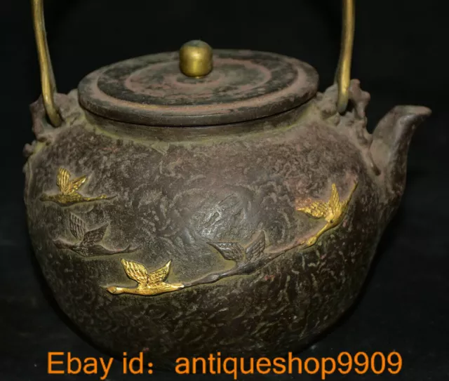 7 " Old Japan Japanese Bronze Gilt Flower Handle Swallow Bird Pattern Pot Teapot 3