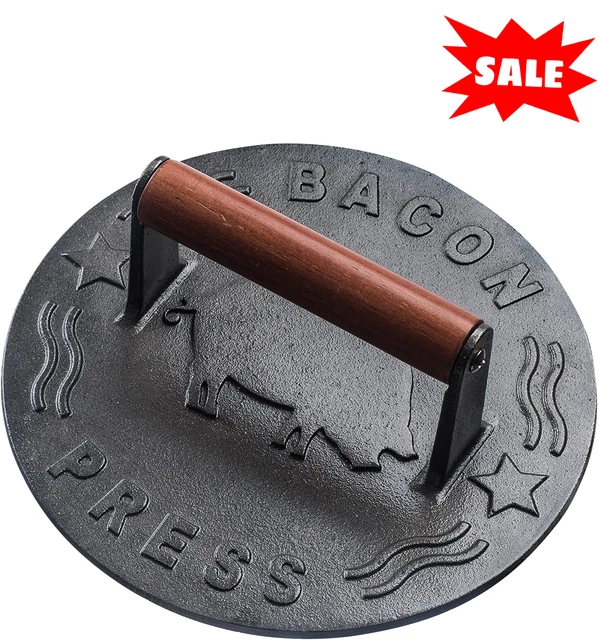 Cast Iron Grill Press Heavy Duty Bacon Press with Wood Handle 8.5 Inch Round NEW
