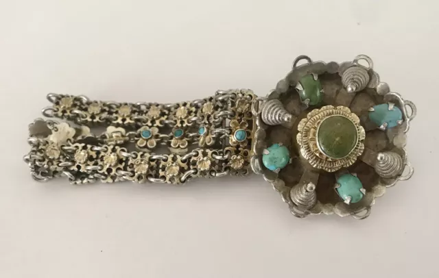 Bracelet Argent Massif Vintage Ancien Floral Ethnique Turquoise Poinconné 78.40g