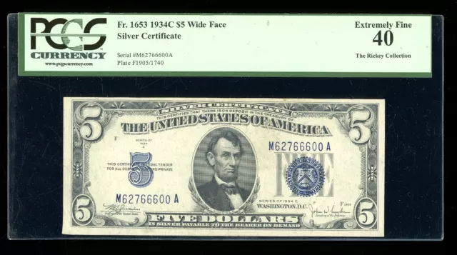 DBR $5 1934-C Silver Fr. 1653W MA Block Wide Face PCGS XF-40 Serial M62766600A