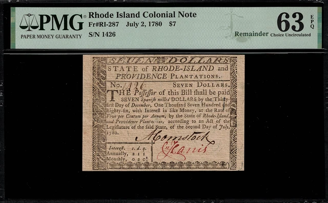 RI-287 Colonial Currency - Rhode Island July 2, 1780 $7 - Graded PMG 63 EPQ