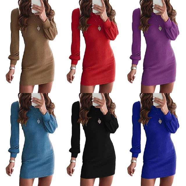 Donna Girocollo Mini Abito Aderente Manica Lunga Casual Lavoro Maglione Abiti #