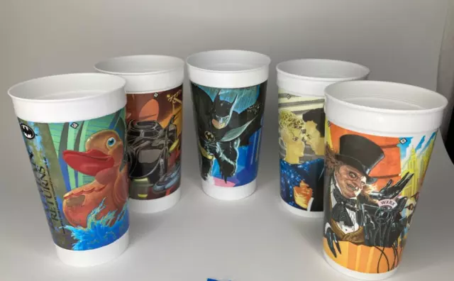 5 Batman Returns Movie McDonalds Cup Lot 1992 Penguin Batmobile B