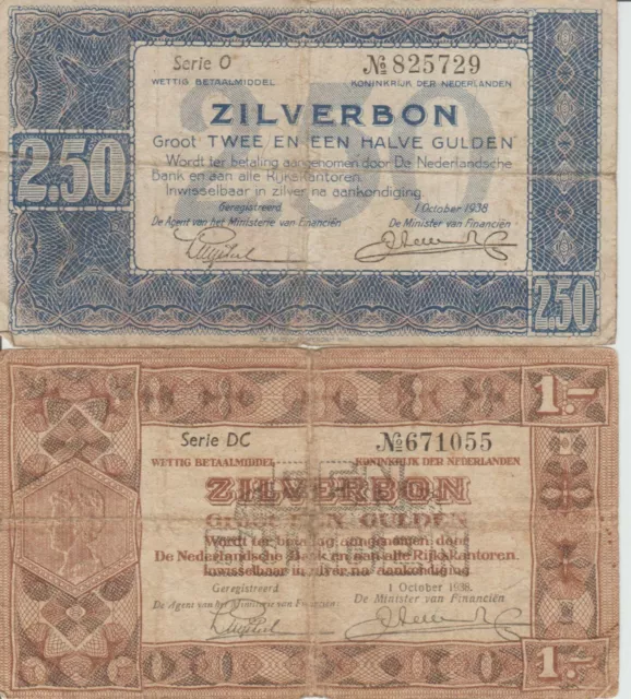 VIEUX PAPIER-MONNAIE MONDE NEDERLANDSE 1938/1938 - 21/2 & 1 billets Gulden Zilverbon !!! 2