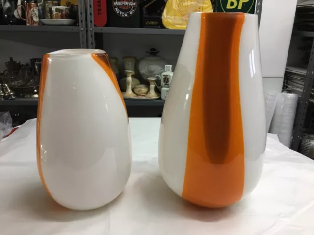 Paire De Grand Vases Vintage En Verre Blanc Et Orange Moderne