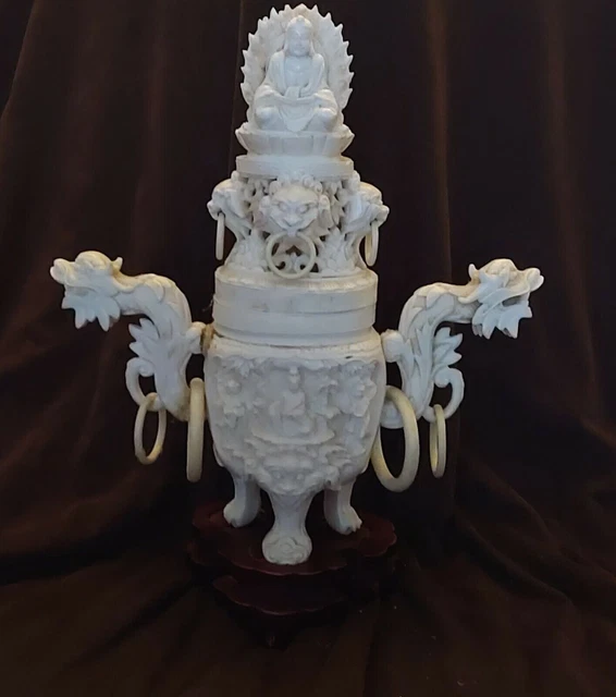 VTG Chinese Carved Resin Dragon Phoenix Statue Censor Ornate Carving Signed 16"
