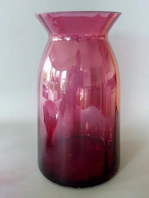 Vintage Retro Cranberry Glass: Large Dartington Vase - Tall, Flared Rim, Ribbed