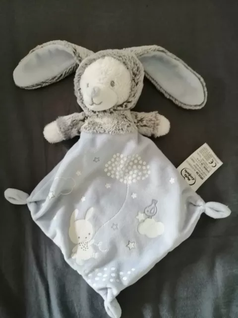 Doudou Plat Mots D'enfants Ours Capuche Lapin Bleu Blanc Gris
