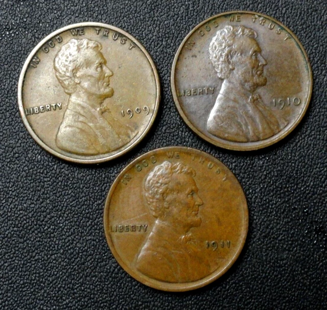 1909 VDB, 1910, 1911 US Lincoln Wheat Cents/Pennys 'HIGH GRADE" Lot Of 3