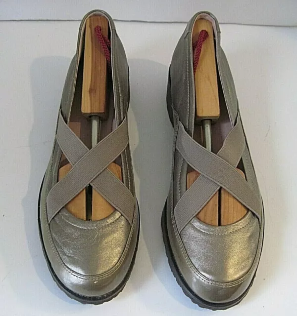 Taryn Rose Twila Wedge Shoes Metallic Taupe  Cross Elastic Straps Slip On 10 M 2