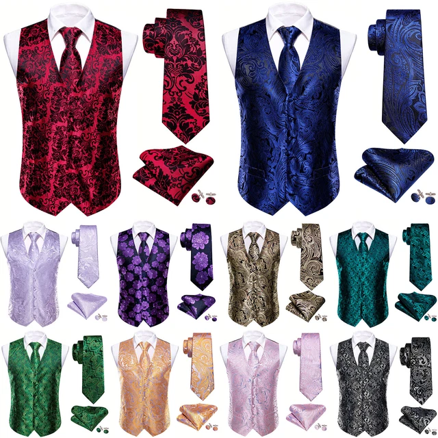 Mens Formal Wedding Waistcoat Paisley Floral Suit Vest Slim Tuxedo Silk Tie Set