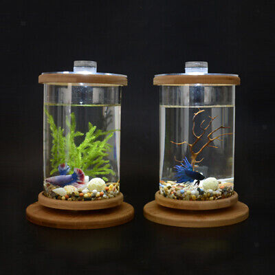LED Mini Betta Fish Tank Small Cylinder Rotatable Aquarium Desktop Decor -