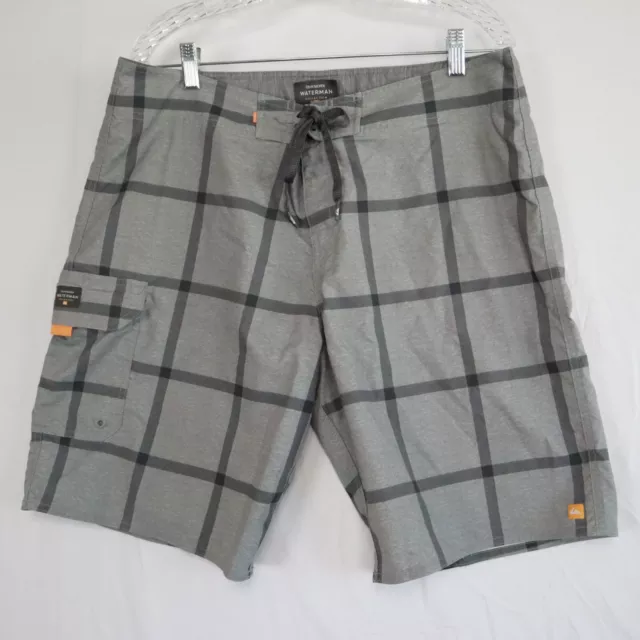 Quiksilver Board Shorts Mens 34 Waterman Surf Swim Trunks Cargo Gray Plaid