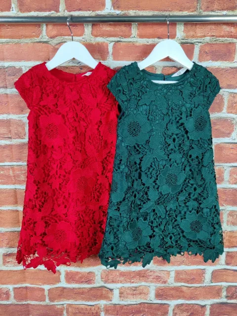 Girls Bundle Age 5-6 Years H&M Short Sleeve Dress Red Green Lace Overlay 116Cm