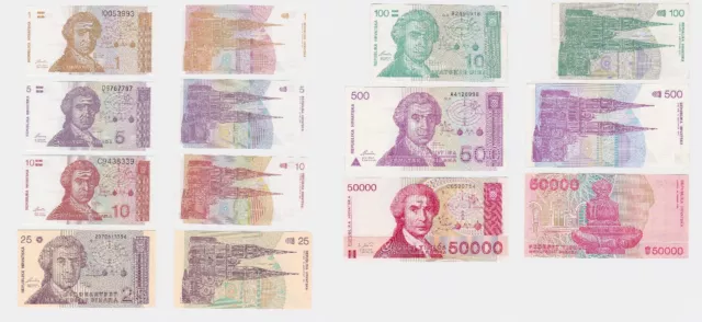 7 Banknoten Kroatien 1 bis 50000 Dinar 1991-1993 (118652)