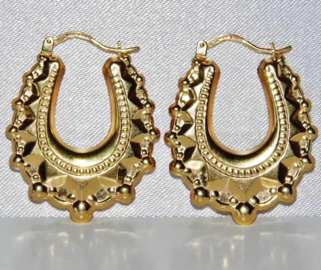 9Ct Gold Victorian Oval Gypsy Creole Hoop Earrings - Solid 9Ct Gold