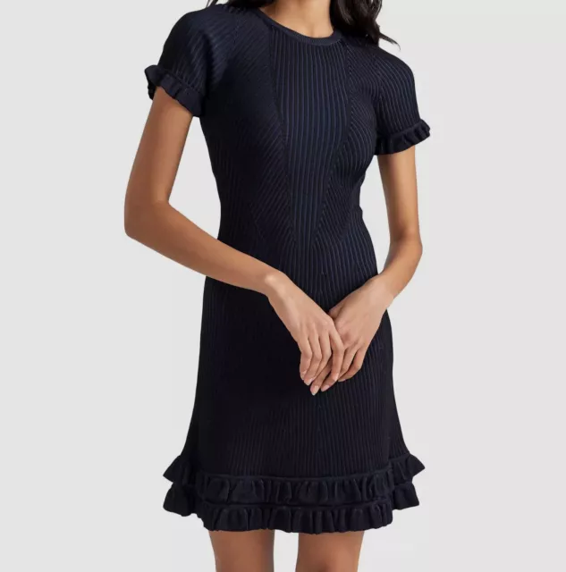 $398 Shoshanna Womens Blue Kate Rib-Knit Ruffle Mini Dress Size Medium