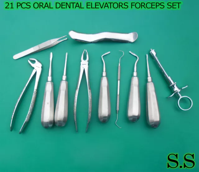 21 Pcs Oral Dental Root Surgery Extracting Elevators Forceps Instruments Dn-565