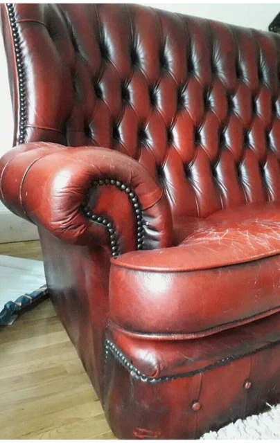 Chesterfield sofa, red leather, antique. STUNNING,