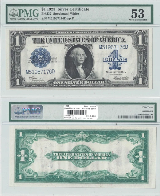 1923 $1 Silver Certificate Fr 237 PMG About Uncirculated-53