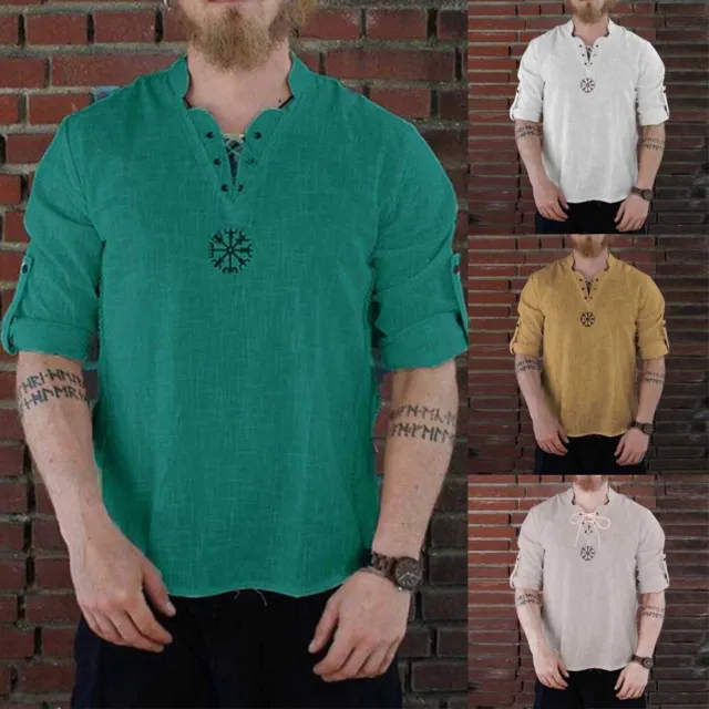 Camicia di lino pirati vichinghi nordici uomo lace up tee cosplay t shirt