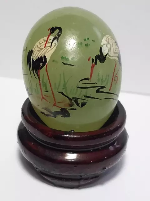 Vintage Japan Hand Painted Jade Egg Miniature With Stand Two Crain Birds Signed