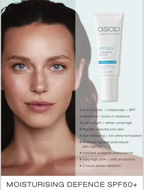 NEW ASAP moisturising defence SPF 50+ UVA UVB 75ml Moisturiser & Primer 2