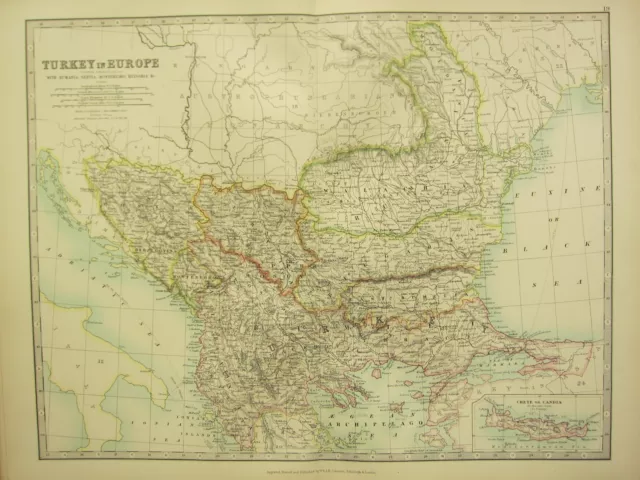 1896 Large Victorian Map ~ Turkey In Europe Rumania Servia Bulgaria Crete Bosnia