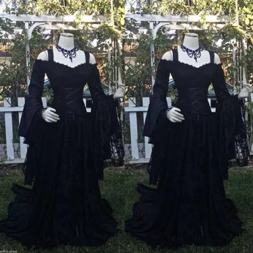 Black Gothic Wedding Dresses with Long Flared Sleeves Off Shoulder Bridal Gowns