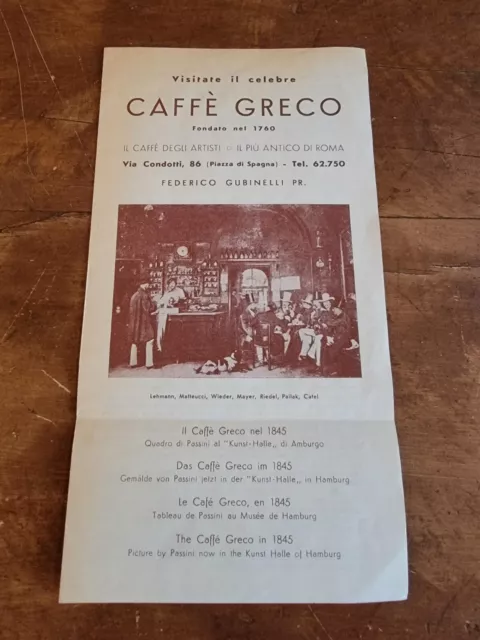 Caffe Greco, Rome Italy VINTAGE 1950's Travel Brochure