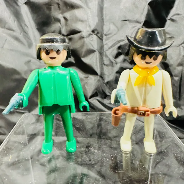 Two Playmobil Vintage Geobra Cowboys 1974 With Accessories Missing 1 Hat Holster