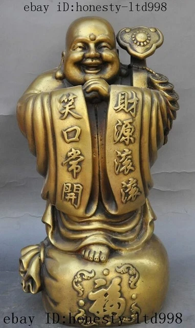 11" China buddhism brass Stand money bag wealth Maitreya Buddha coin ruyi statue