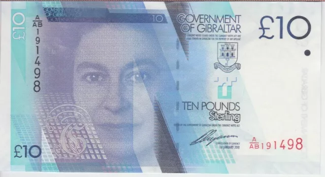 Gibraltar Banknote P36 10 Pounds 2010 Prefix A/AB QE II, UNC               2001