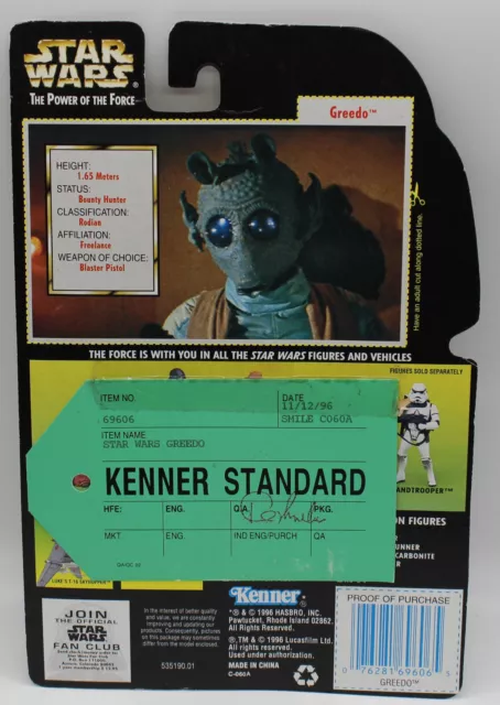 Kenner Standard 1996 Greedo Green Card POTF2 MOC Star Wars Hasbro