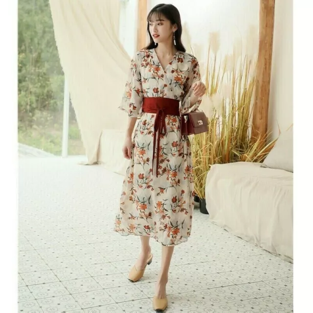 Women Japanese Kimono Dress V-neck Floral Print Slim Skirt with Girdle dress EAN