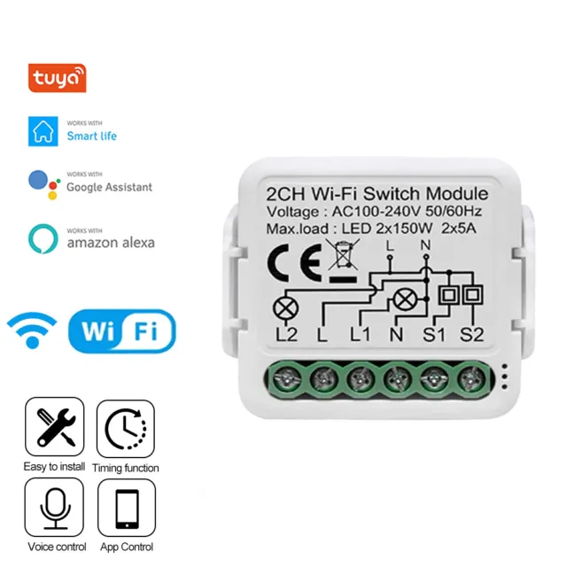 WiFi 2 Gang Smart Schalter Lichtschalter Relais Modul Tuya APP mit Google Home