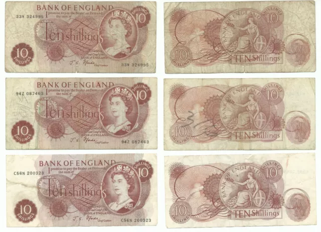 Banknotes; set of three Fforde 10/- (1967) Royal Portrait