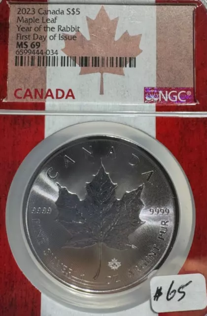 2023 Silver Canada $5 Maple Leaf Year Of The Rabbit Ngc Ms 69 034