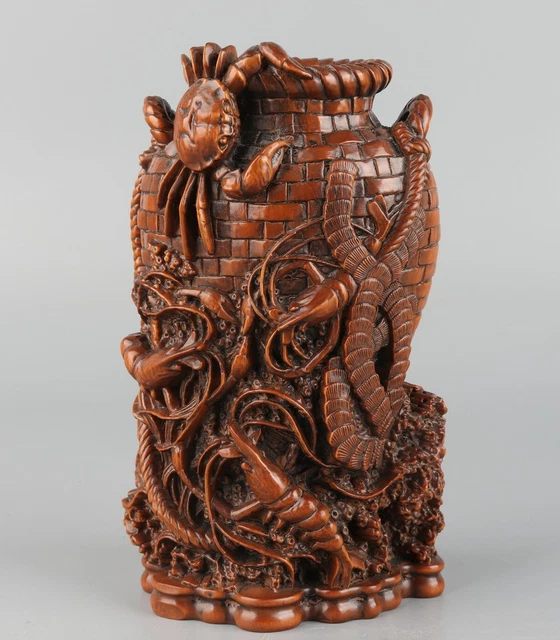 6.3" Chinese Exquisite Hand-carved crab shrimp Carving Boxwood Brush pot