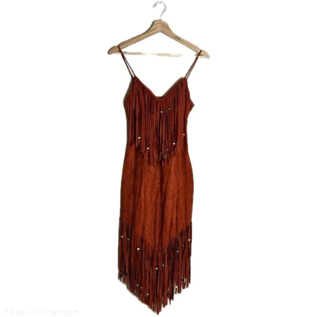 new leaf california by samir Faux Suede Beaded Fringed Boho Vintage 70s Dress