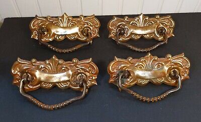 Set of 4 Antique Ornate Drawer Cabinet Pulls Stamped Brass Backs with Iron Bails